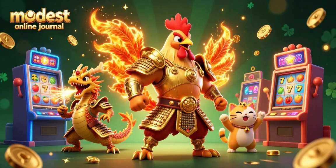 Engage in thrilling gameplay at modest online journal with 3D characters celebrating casino wins amid vibrant slot machines.