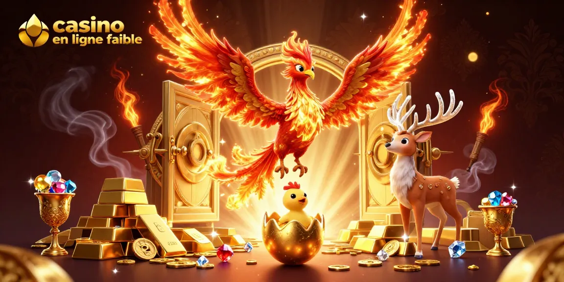 Expérimentez le plaisir du jeu avec cet illustration de casino en ligne fiable, où un phénix en feu et un faon mystique illuminent une scène riche en trésors.