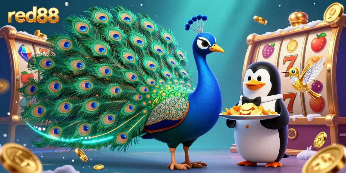 Engage in thrilling slot games like red88 with dazzling peacock and butler penguin amidst flying coins.