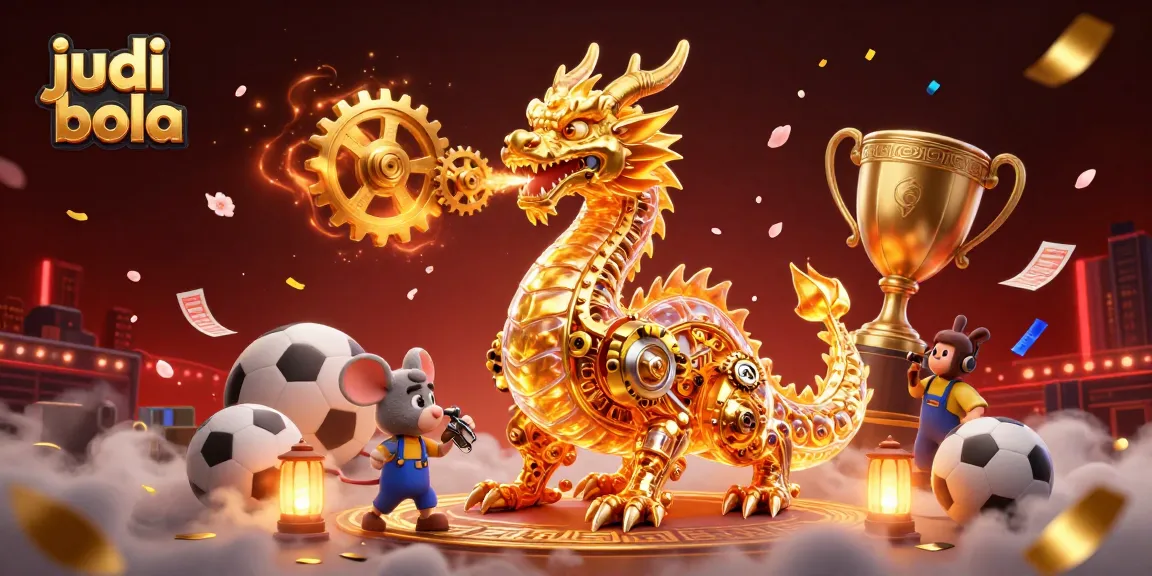 Engage in judi bola excitement with a colorful betting scene featuring a golden dragon and sports elements.