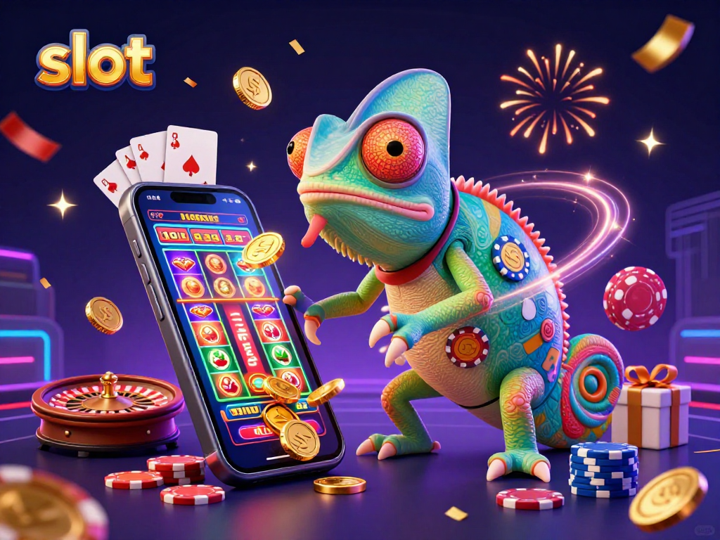 Engage in vibrant slot gameplay with golden coins and colorful reels erupting from a smartphone.