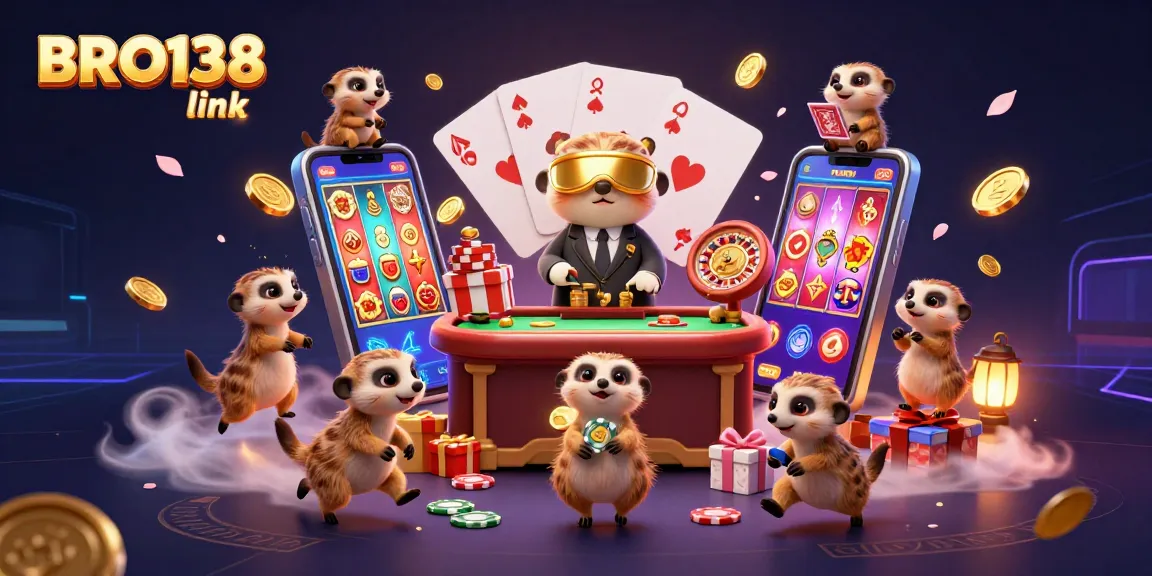 Experience excitement at BRO138 link with meerkats managing a vibrant casino operation showcasing slot games and winning chips.