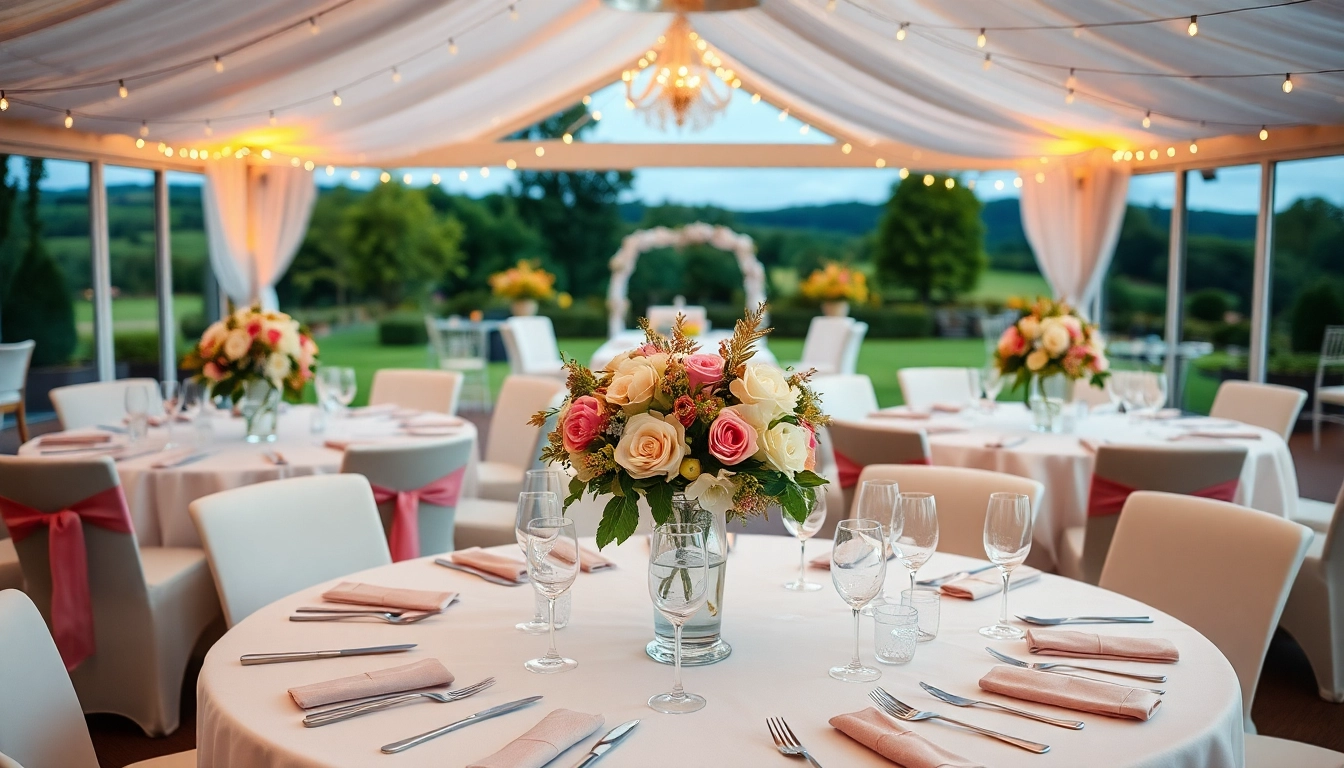 Stowe Venue Hire showcases an enchanting wedding setup with elegant tables and floral decorations.