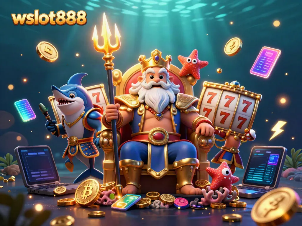 Permainan slot wslot888 yang menarik ditampilkan dengan Neptune dan samurai ikan layar di lautan