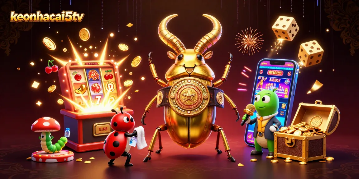 Engage with keonhacai5tv as dynamic characters battle amidst a jackpot explosion in vibrant casino visuals.