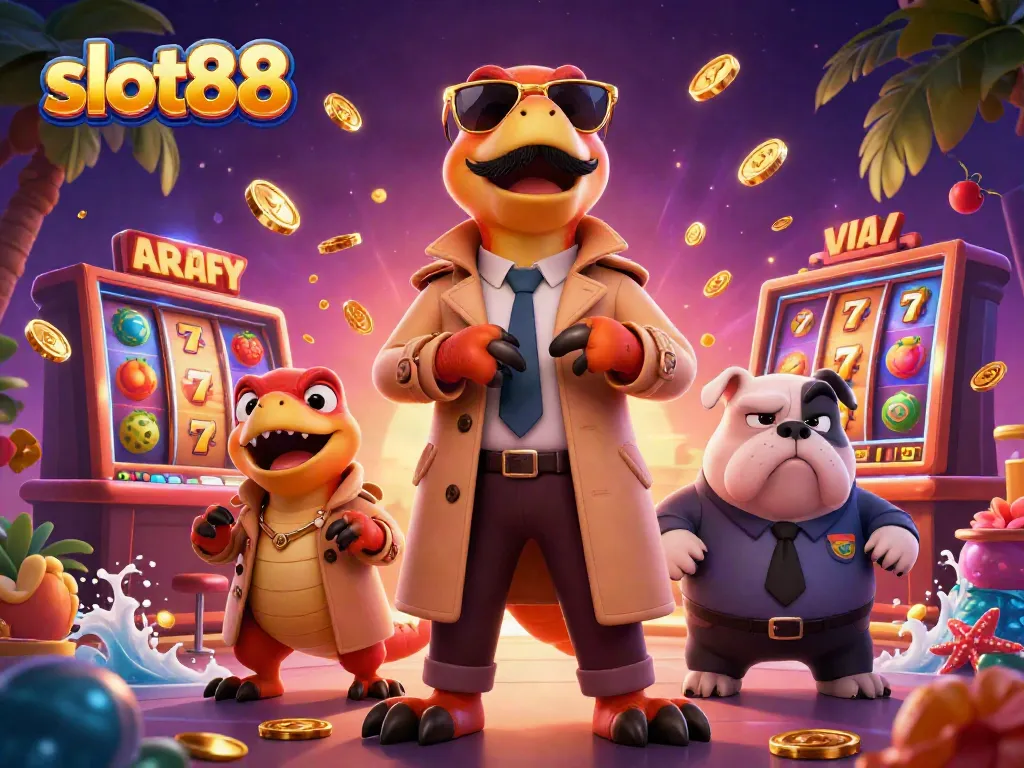 Experience thrilling slot88 gameplay with dynamic characters in a vibrant casino setting.