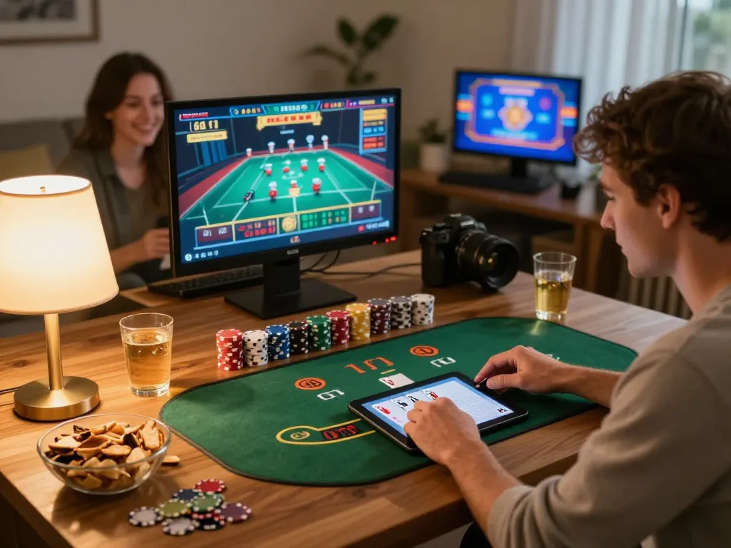 Player enjoying an online blackjack game at home on zx88com with snacks and drinks, showcasing a cozy gaming atmosphere.