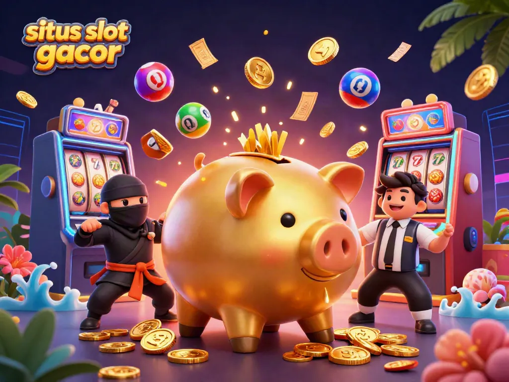 Melihat situs slot gacor dengan suasana ceria, slot machine dan karakter kartun.
