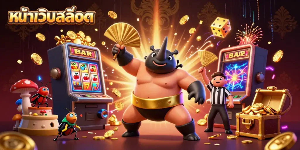 Experience the excitement of หน้าเว็บสล็อต with a vibrant casino scene bursting with action, characters, and jackpot elements.