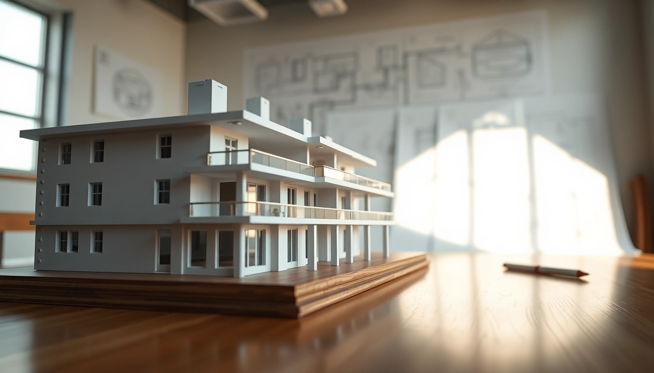 Wettbewerbsmodell auf einem Tisch in einem modernen Architekturstudio beleuchtet von natürlichem Licht.
