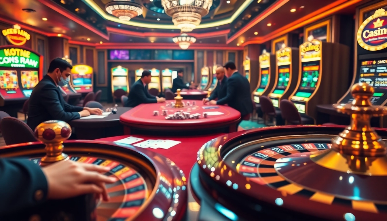 Scène passionnante de casino en ligne Français 2026 mettant en vedette un gameplay de poker vibrant et une roue de roulette.