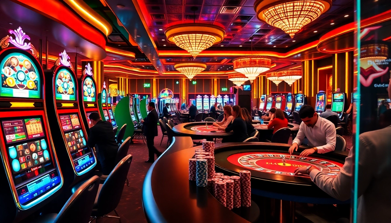 Scène engageante de casino en ligne Français 2026 avec des tables de jeu animées et des joueurs enthousiastes.