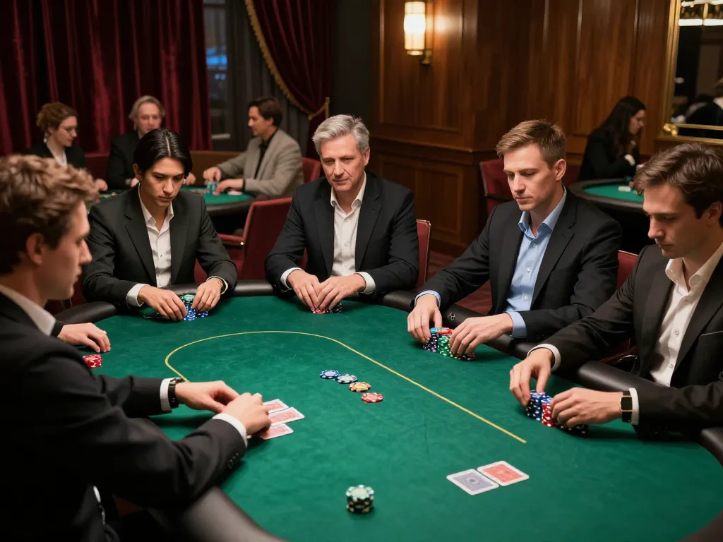 Pemain poker kompetitif yang merencanakan strategi di sekitar meja mewah selama permainan taruhan tinggi.