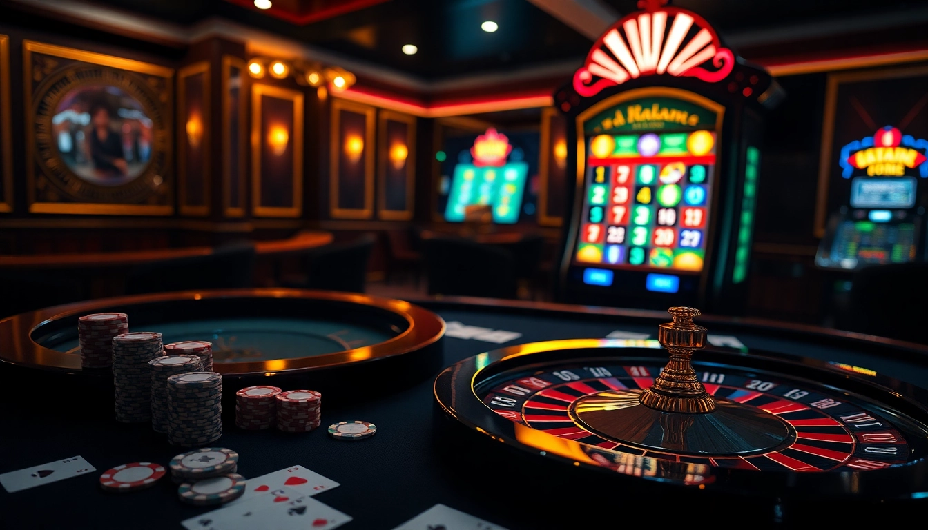 Scène de casino élégante avec des jetons de poker et une roue de roulette pour casino en ligne Français 2026.