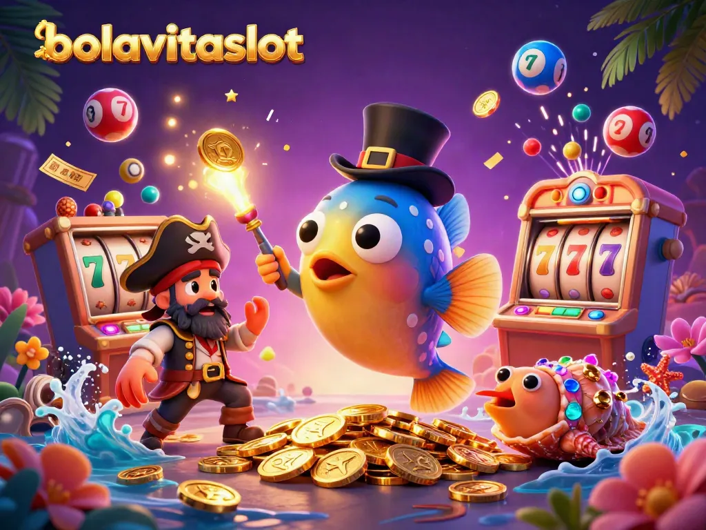 Experience the thrill of bolavitaslot with golden coins raining down around a cheerful anglerfish and pirate shrimp.