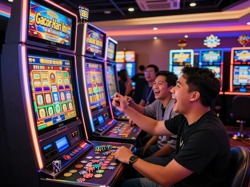 Excited player experiencing slot gacor hari ini at a lively casino with flashing lights and vibrant atmosphere.