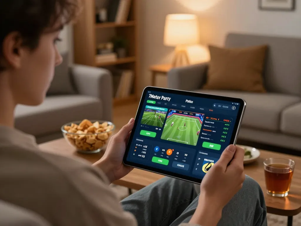 Engaging in 7meter parlay online betting at home with a tablet and snacks.