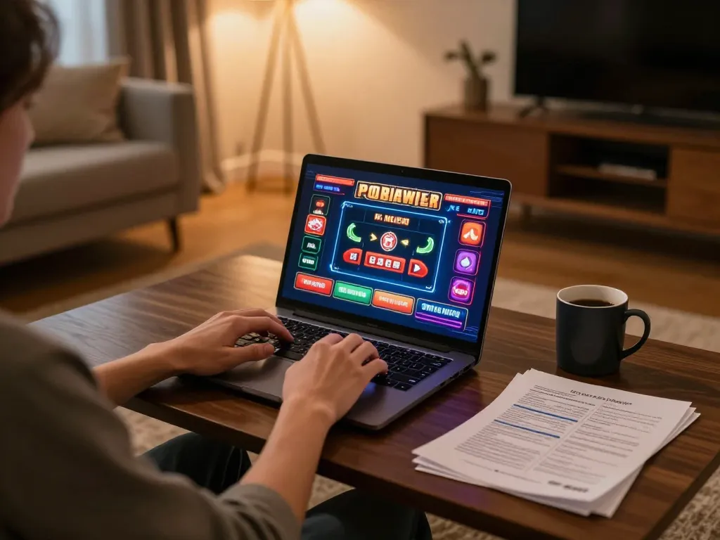 Player engaging with cm88-bet online casino games on a cozy home setup with strategic notes