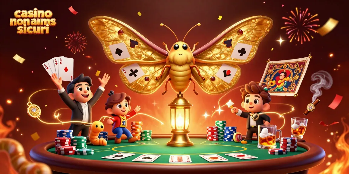 Scopri i casino non AAMS sicuri con un'illustrazione 3D di una falena dorata tra giochi da poker e confetti festivi.