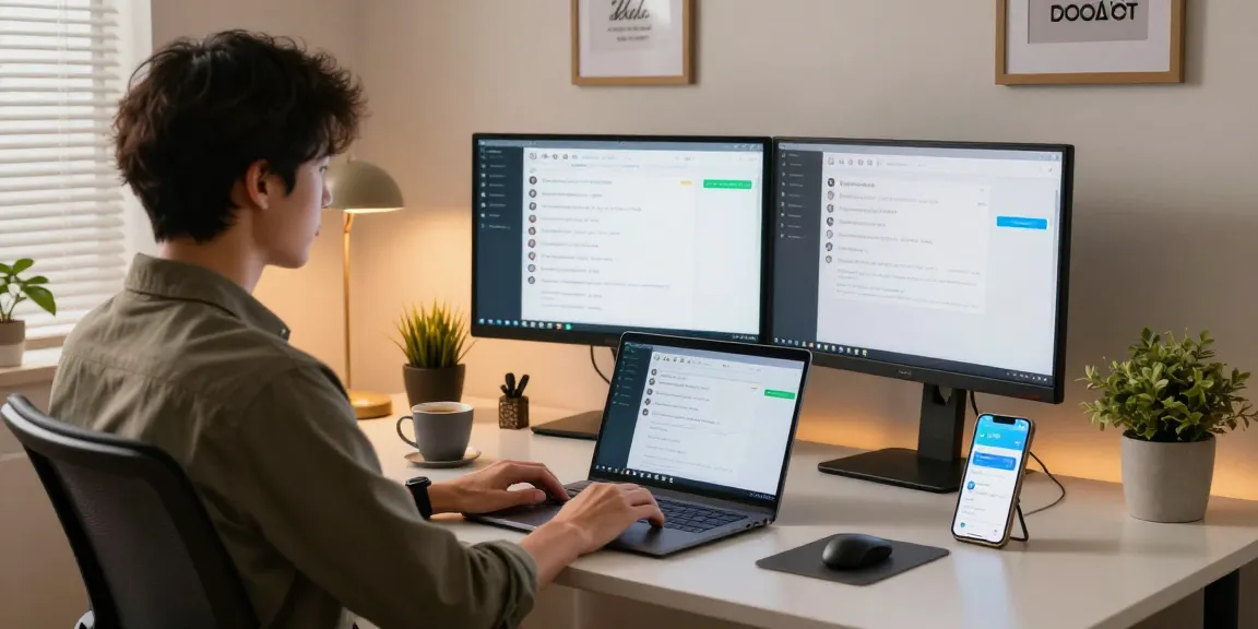 Person using WhatsApp電腦版 on a laptop at a modern home office desk, capturing a productive workspace.