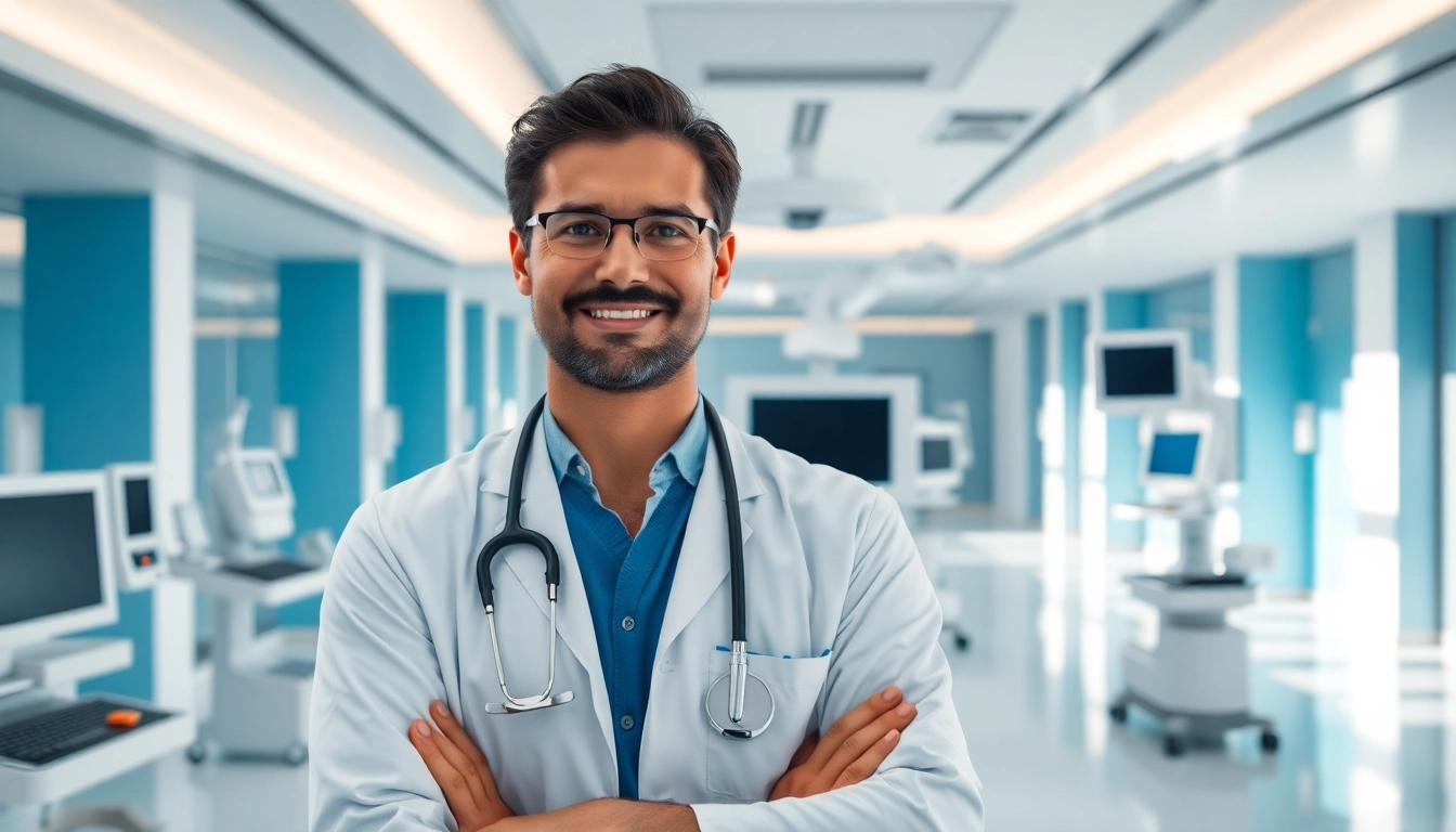 Health professional showcasing ad DÓC Medical technology in a modern healthcare environment.