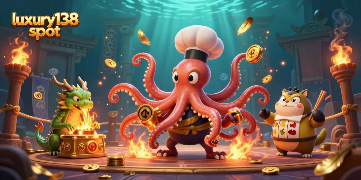 Win big with luxury138 slot featuring a dynamic scene of a sushi chef octopus, a dragon, and a tanuki!