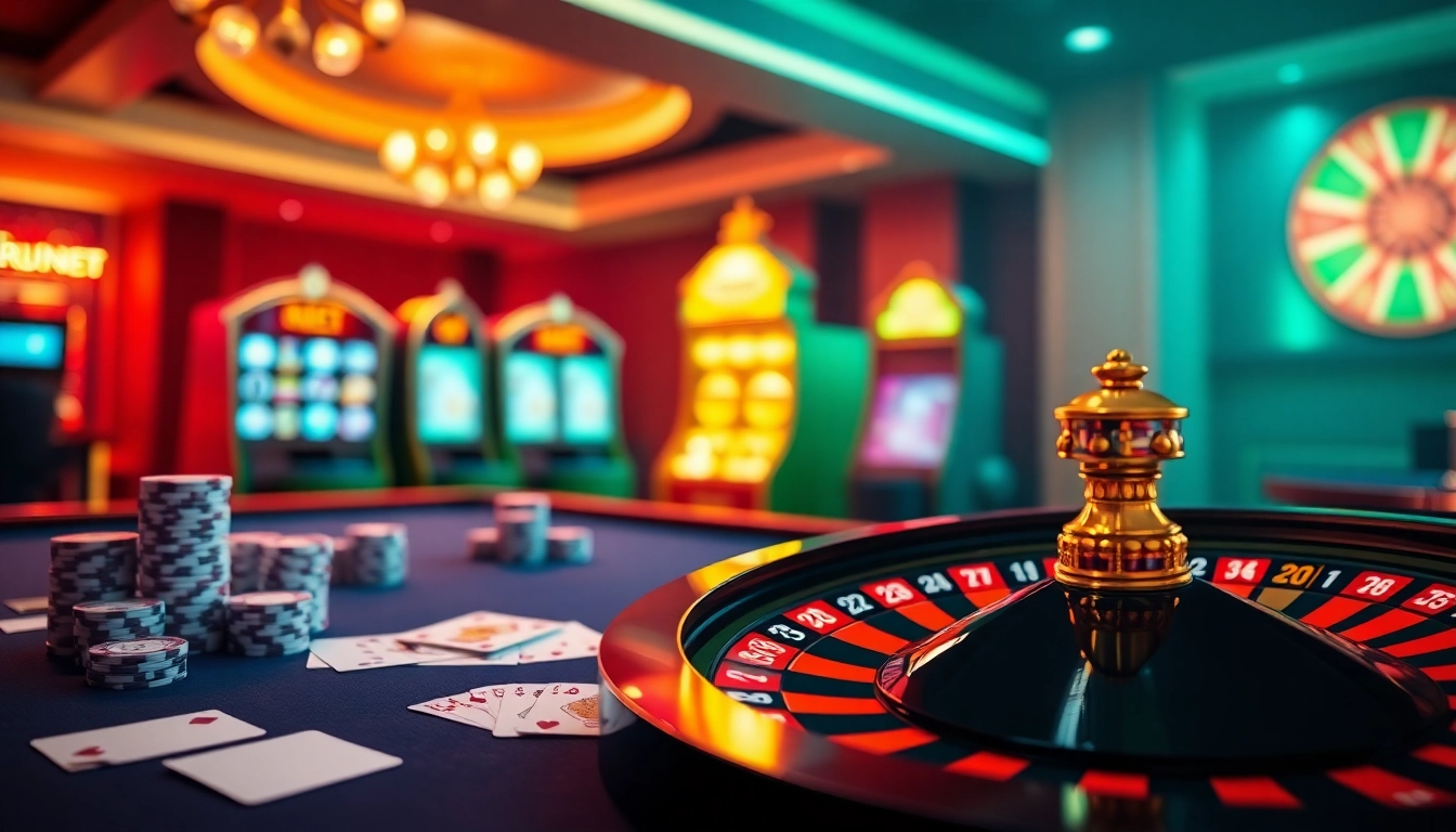 SHBET gaming table featuring vibrant poker chips and playing cards for an exciting casino experience.