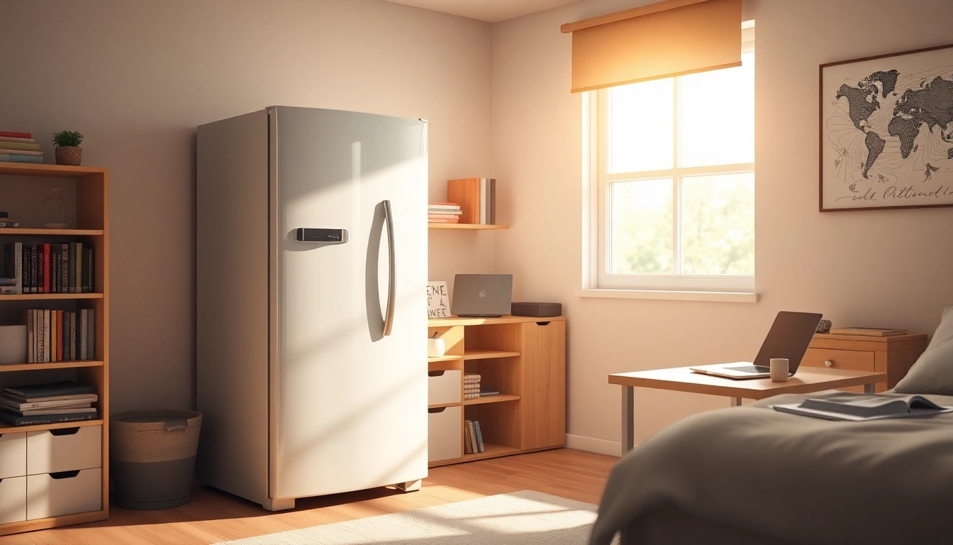 Student accessing dorm room fridge filled with snacks and beverages.