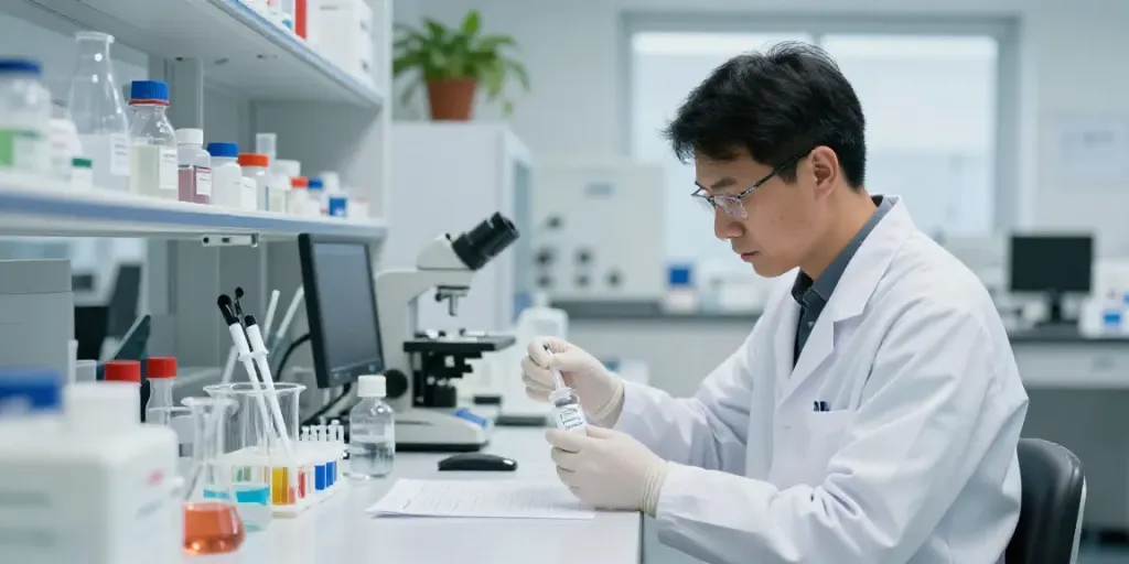Swiss Chems researcher examining peptide vials in a modern lab.