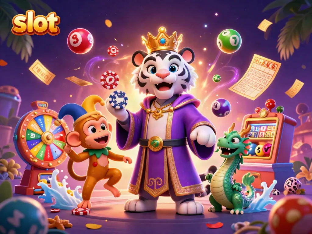 Slot mengungkapkan karakter harimau putih dan monyet emas dengan elemen kasino yang dinamis dan permainan.