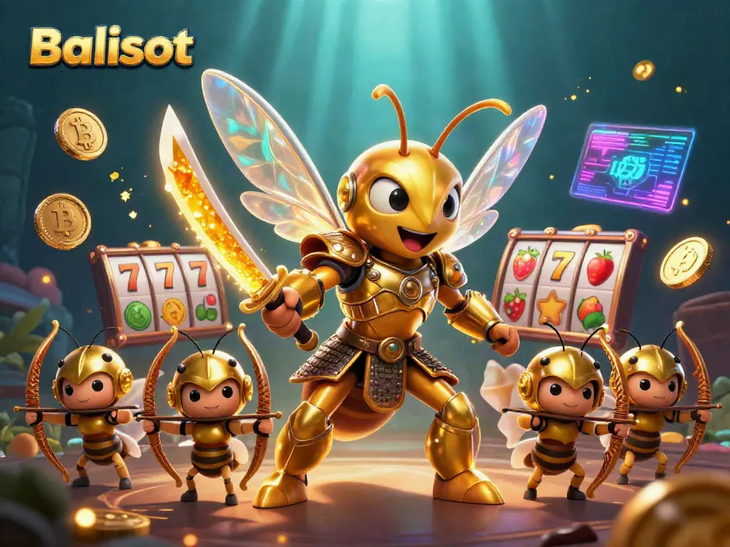 Experience Balislot with an illustration showcasing vibrant slot symbols, cryptocurrency elements, and dynamic characters.