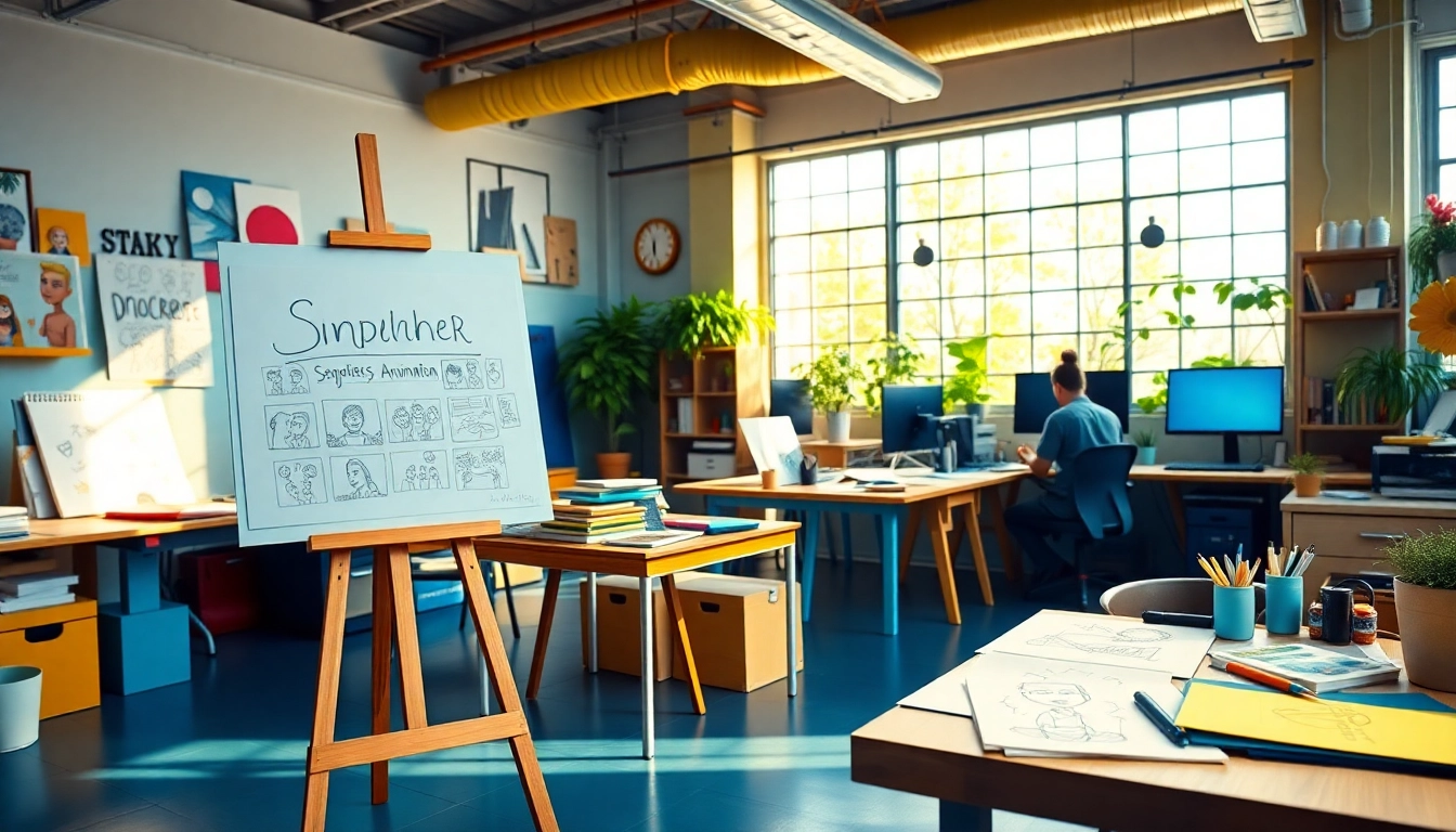 Erkläranimation in einem kreativen Studio mit Künstlern bei der Videogestaltung