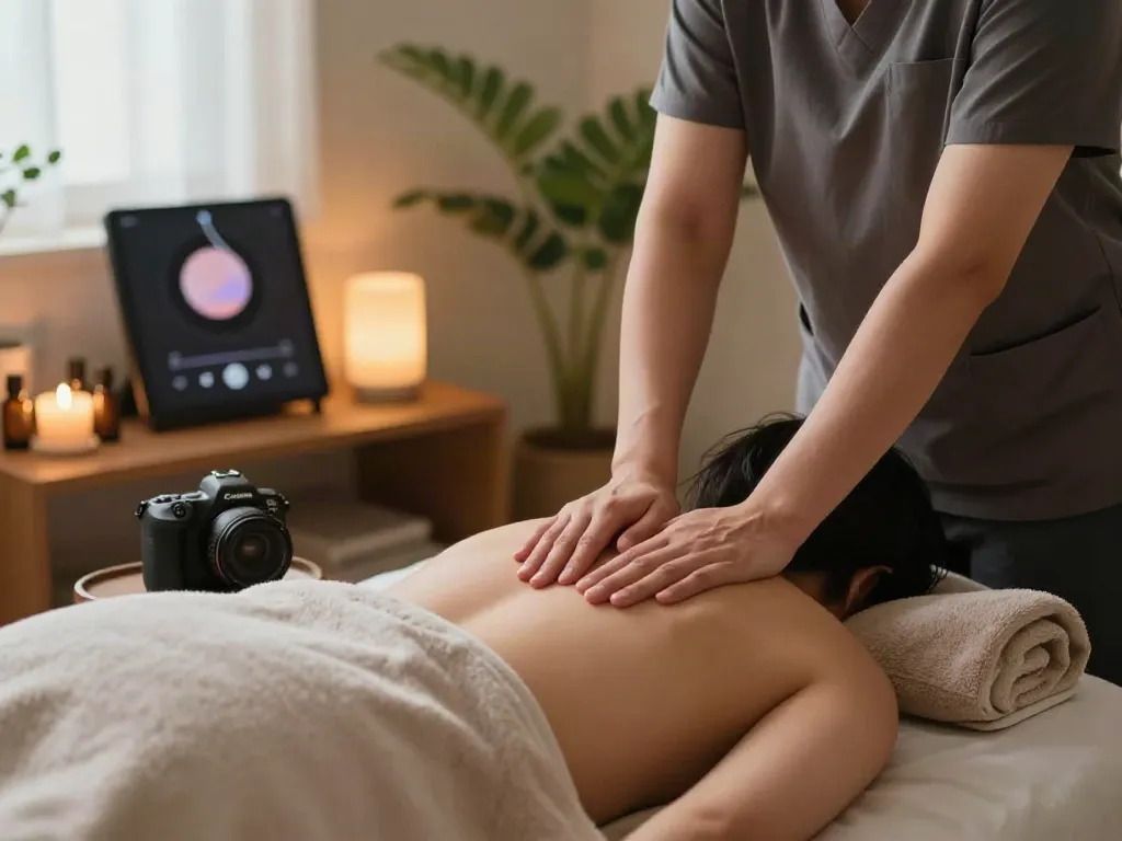 신림동출장마사지 service in a calming home environment, showcasing a therapist in action with soothing ambiance and wellness elements.