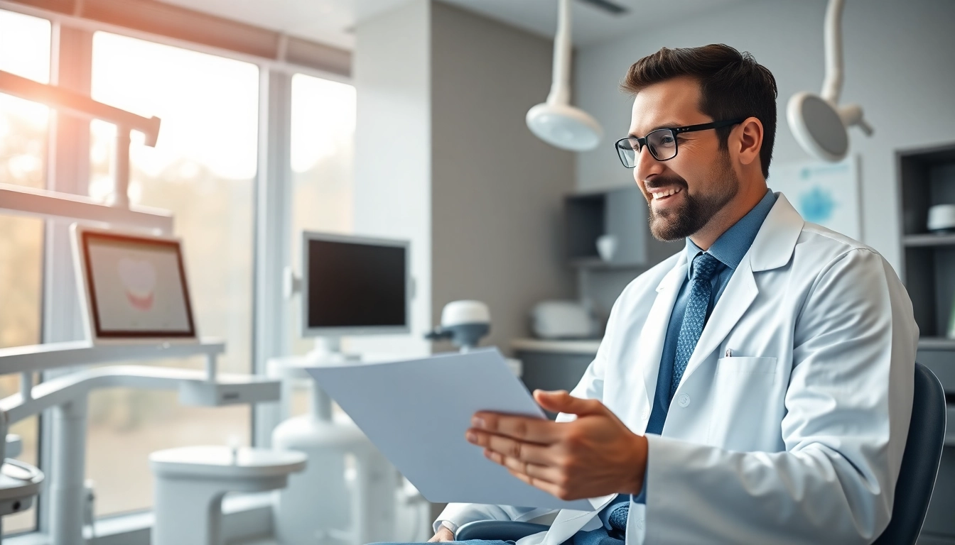 Dentist consulting with a patient in a modern dental office, showcasing expertise and care.