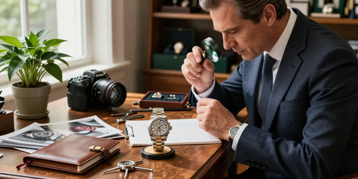 Luxury watch enthusiast examining a Rolex replica in an elegant workspace, highlighting craftsmanship and detail.