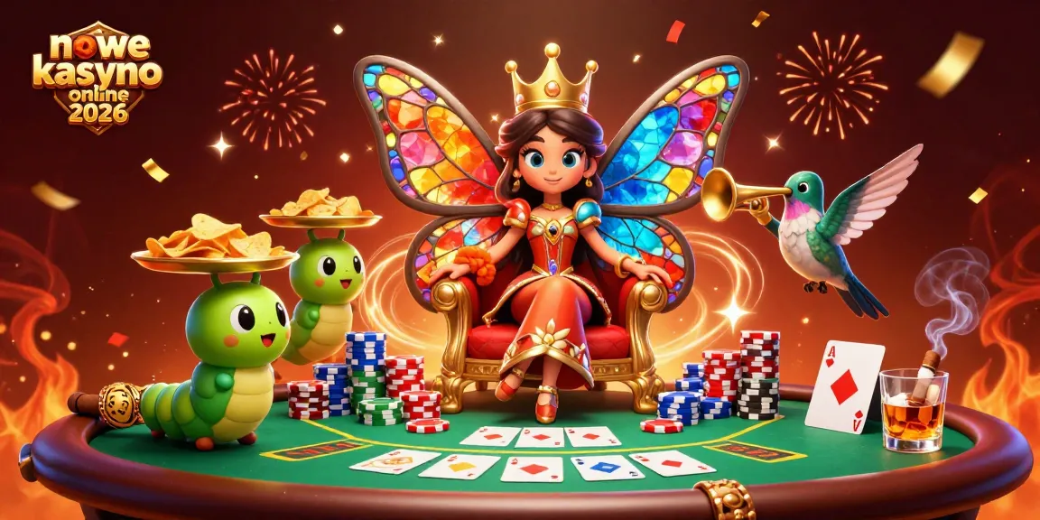 Gra w nowe kasyno online 2026 z motywem kolorowej królowej i stół pokerowy z żetonami.
