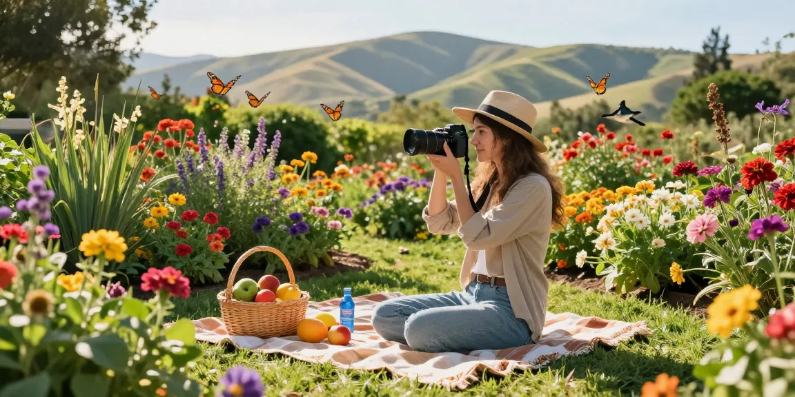 Explore Capay Valley Garden with vibrant blooms and joyful tourist taking photos at https://www.thecapayvalleygardentour.com