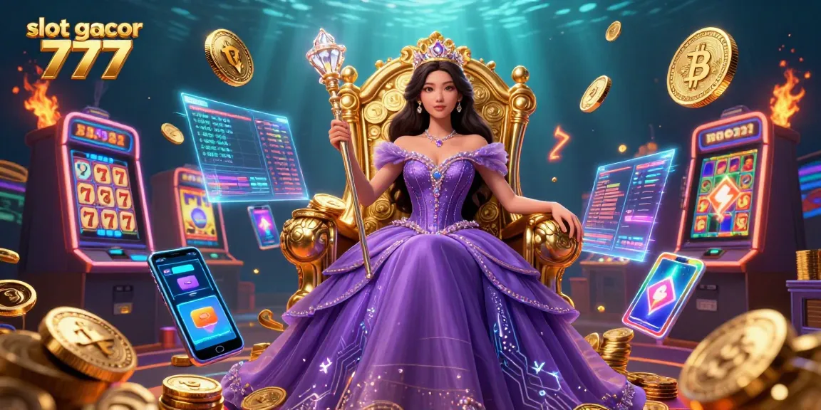 Engaging scene showcasing slot gacor 777 theme with vibrant slot machines and a royal character.