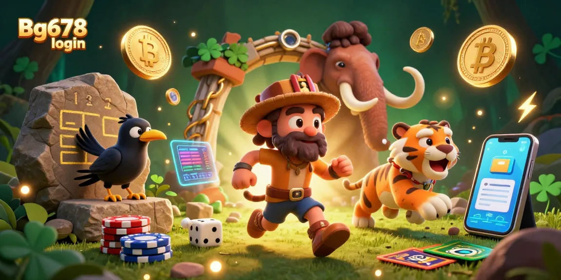 Engage with Bg678 login in a vibrant prehistoric gaming scene featuring caveman casino activities.