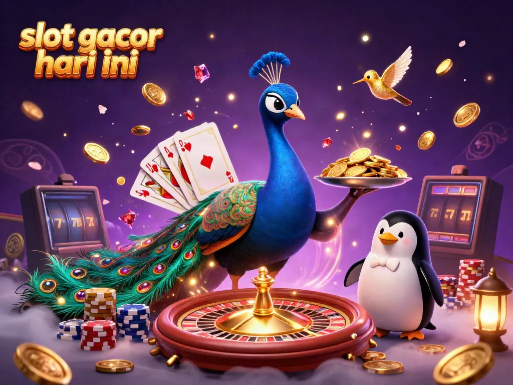 Permainan slot gacor hari ini menampilkan merak megah, penguin pelayan, dan burung kolibri di kasino