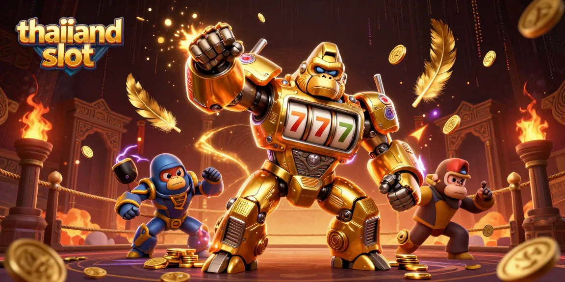 Experience the thrilling thailand slot action with an explosive 3D gorilla mech surrounded by dynamic casino elements.