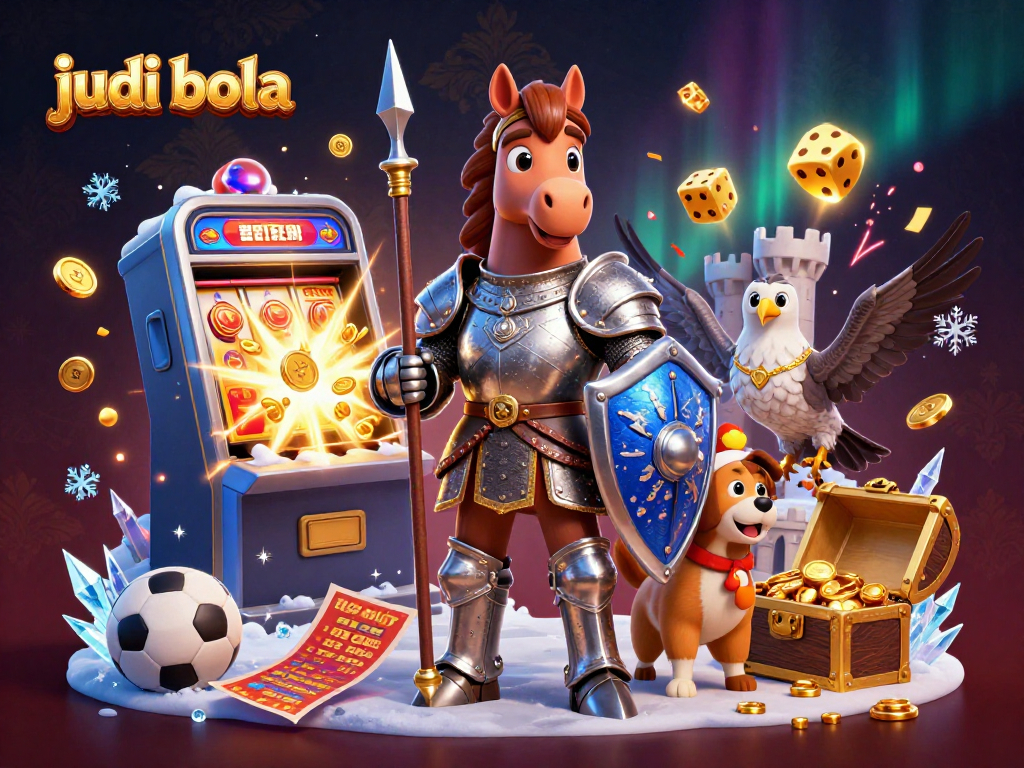 Engage in judi bola with an immersive sports betting scene featuring knights and jackpot rewards.
