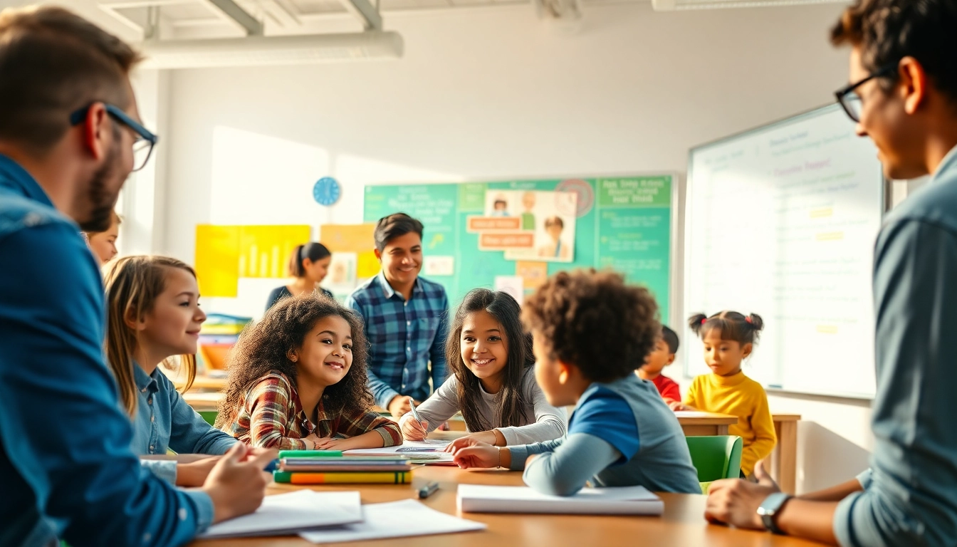 Engaged students and educators collaborating in a colorful classroom setting, showcasing innovative education.