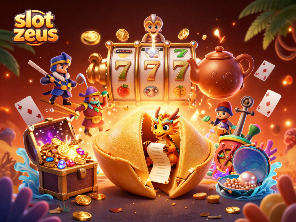 Engage with slot zeus where a golden fortune cookie reveals fortunes surrounded by dynamic casino elements.
