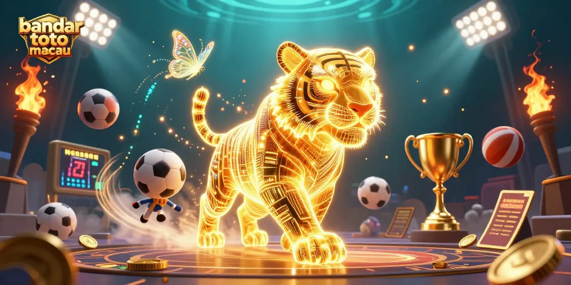 Engage with bandar toto macau in an energetic digital casino scene featuring a neon tiger and sports elements.