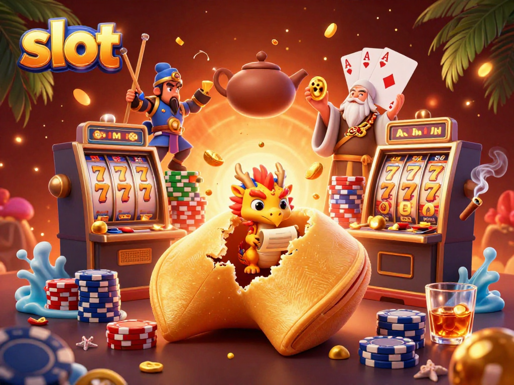 Win big with slot machines and 3D cafe elements in a vibrant casino illustration.