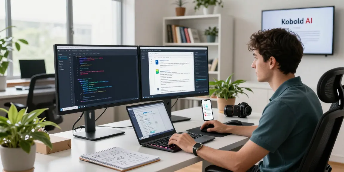 Interactive Kobold AI chatbot workspace showcasing dual monitors and tech tools.