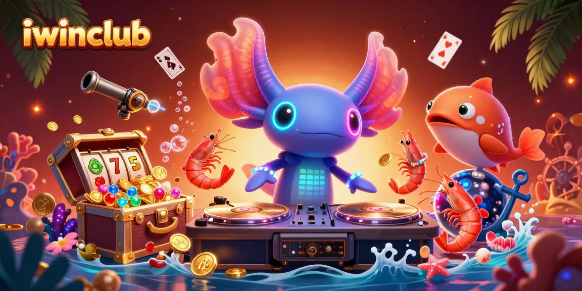 Experience iwinclub in a vibrant underwater casino scene with neon creatures and slot elements