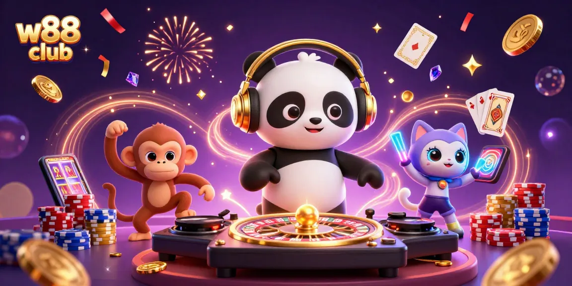 Trải nghiệm cược nổi bật tại w88 club với DJ gấu panda và các nhân vật đầy màu sắc.