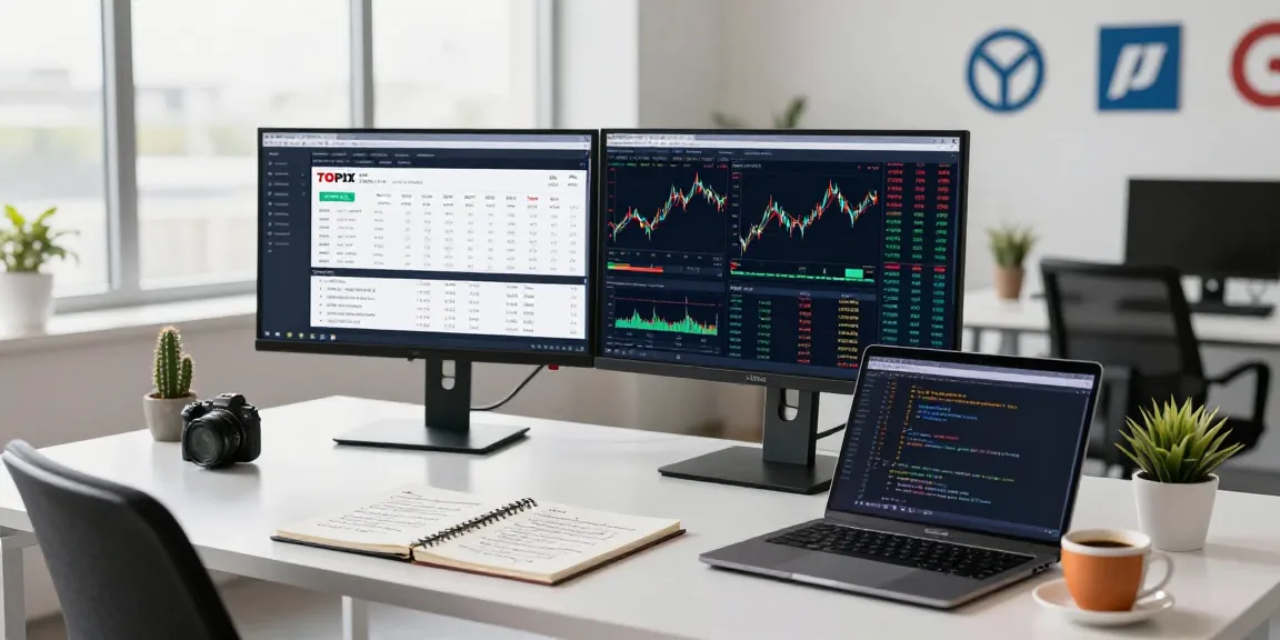 Developer utilizing the TOPIX index quote API amid tech workspace for stock market analysis